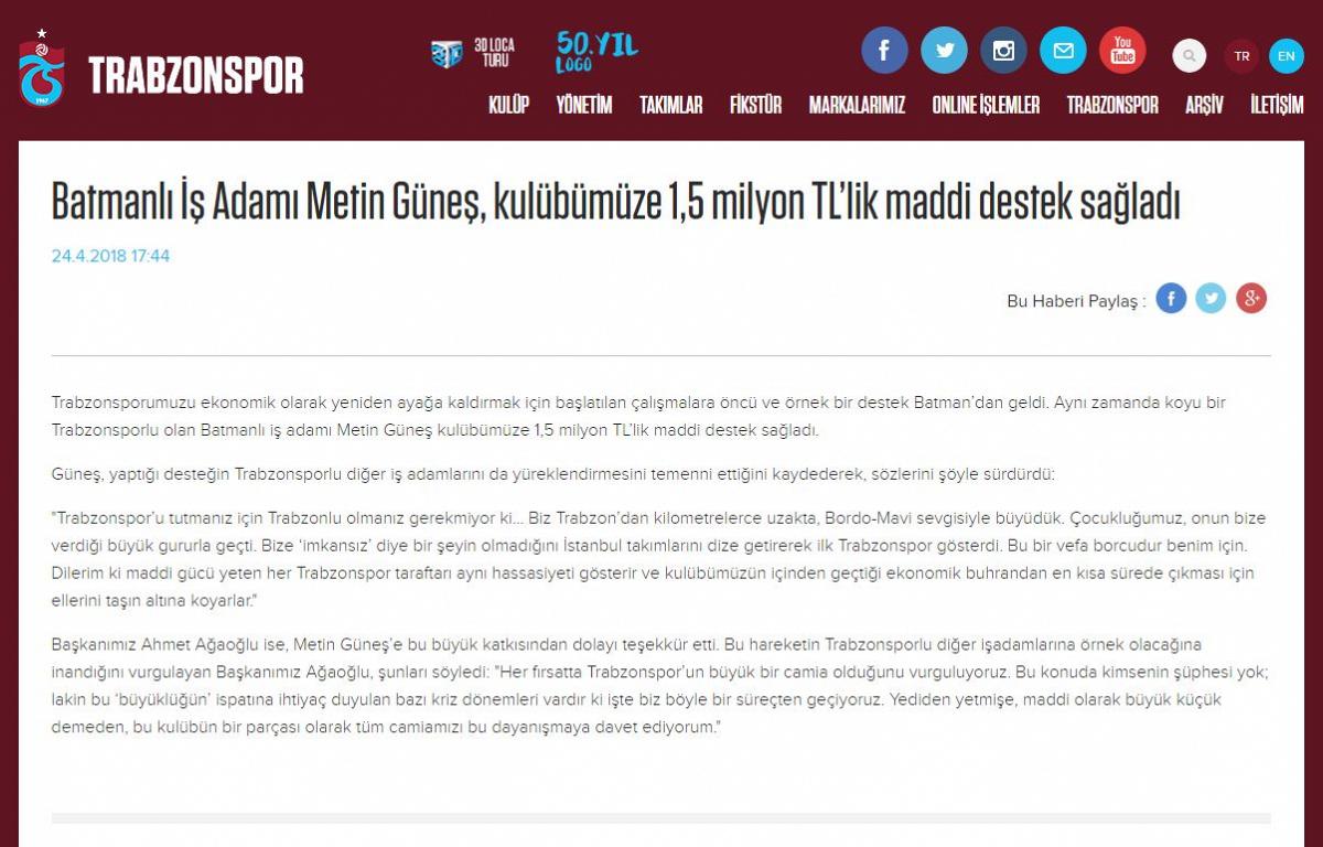 Trabzonspor'a 1.5 milyon verdi